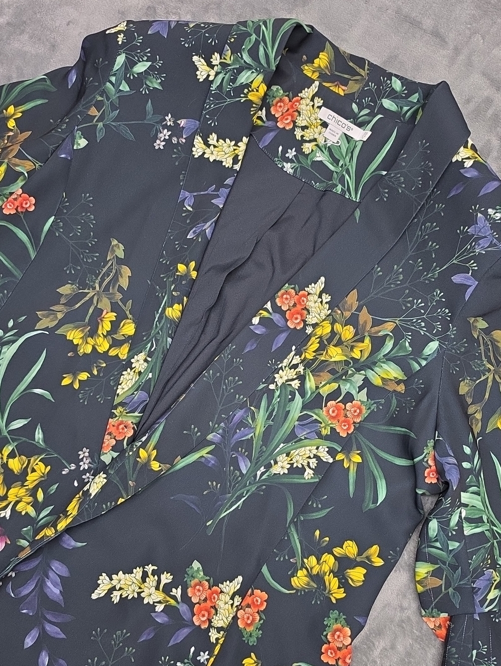 Chico's 14 Black Floral Wrap Jacket with Yellow & Coral Accents